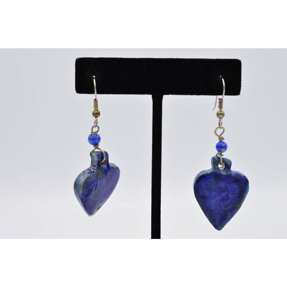 Vintage Heart Earrings Blue Painted Porcelain Dangle Valentine's 1980s Bin8 - Picture 1 of 8